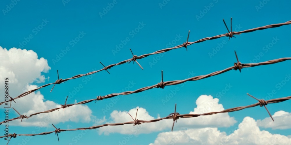 barbed wire against the background of a clear blue sky with clouds. for fencing borders of countries, buildings, prisons, military bases, airports or to prevent the passage of people. barbed wire against the background of a clear blue sky with clouds. for fencing borders of countries, buildings, prisons, military bases, airports or to prevent the passage of people.