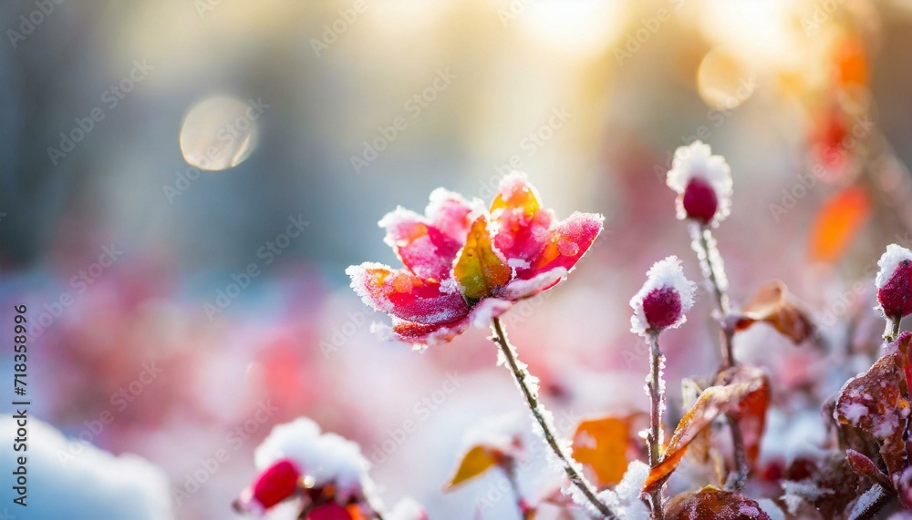 Winter landscape. Frozen flower - selective focus. Winter scene.
