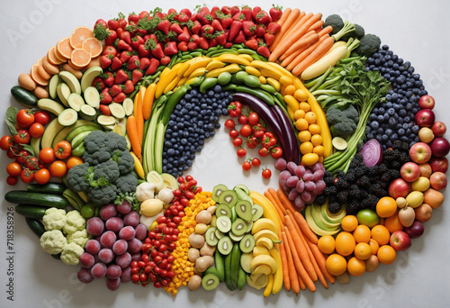Colorful fruit and veggie rainbow display on table.