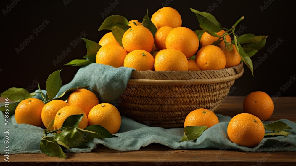  a basket of oranges sitting on top of a table next to a pile of leaves and a blue cloth.