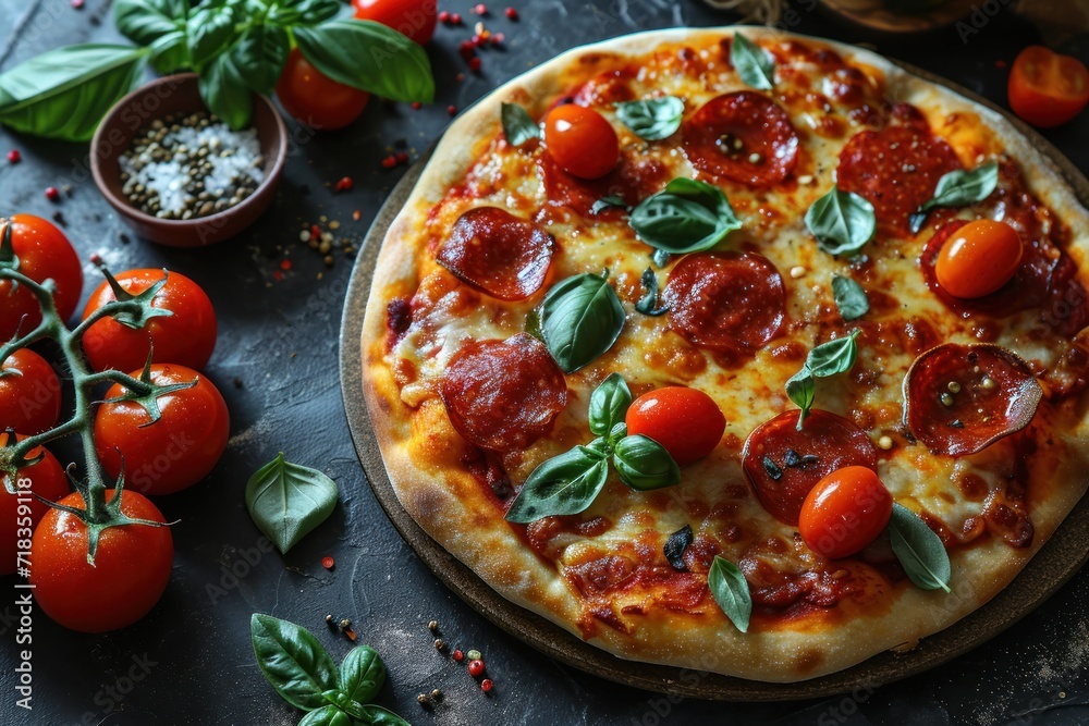 Pepperoni pizza on dark background. Top view, copy space. Pepperoni. Cheese Pull. Pepperoni Pizza on a Background with copyspace.