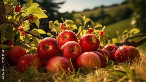  a pile of red apples sitting on top of a grass covered field next to a leafy tree filled forest.