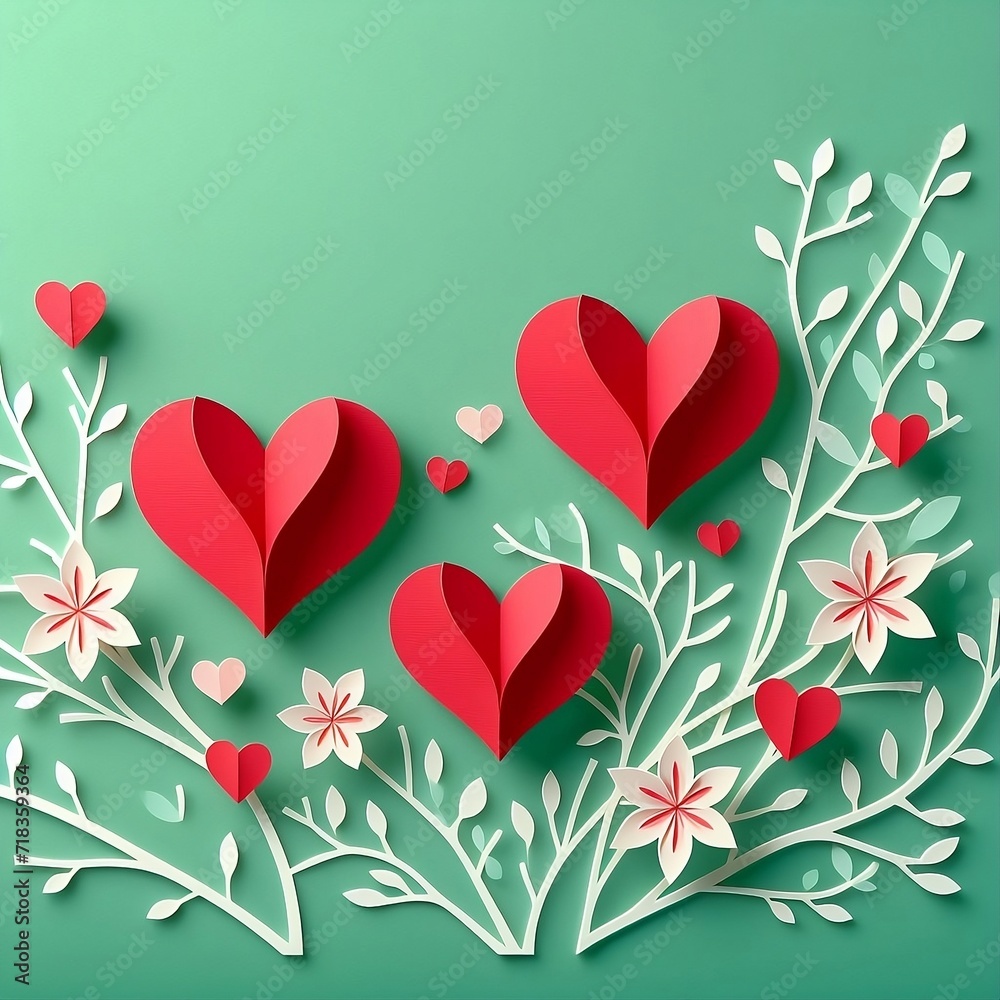 Paper red hearts that looks like flowers on top of hand-drawn branches Design Illustration Background with space for copy created with generative ai