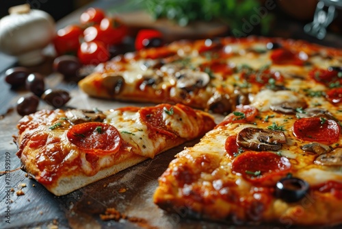 Italian pepperoni pizza with salami  mozzarella and basil on dark background. Pepperoni. Cheese Pull. Pepperoni Pizza on a Background with copyspace.