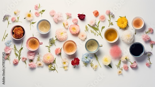 a white table topped with cups filled with different types of teas and flowers on top of eachother.