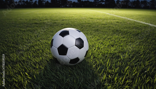 Grassy field, soccer ball, night scene, vibrant team sport. © SR07XC3