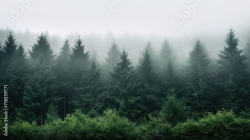  a forest filled with lots of trees on a foggy day with trees in the foreground and fog in the background.