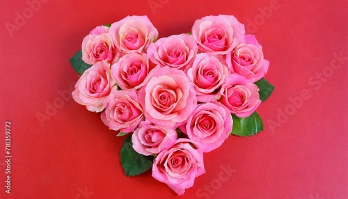 Valentines Day Heart Made of pink Roses Isolated on red Background.