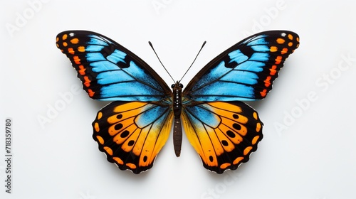 A stunning butterfly with vibrant blue, yellow, and orange hues, featuring subtle Halloween motifs on its wings, soaring gracefully against a white backdrop.