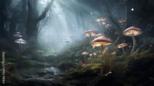  a group of mushrooms in the middle of a forest with a stream running through the middle of the forest in front of them.