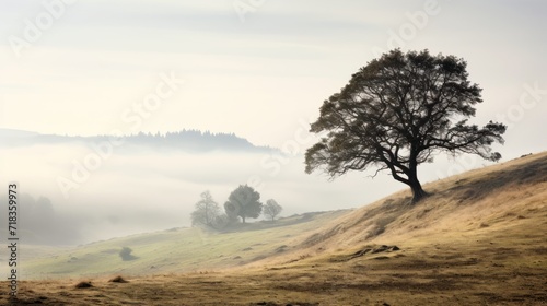  a lone tree sitting on top of a hill in the middle of a foggy valley with trees in the distance.