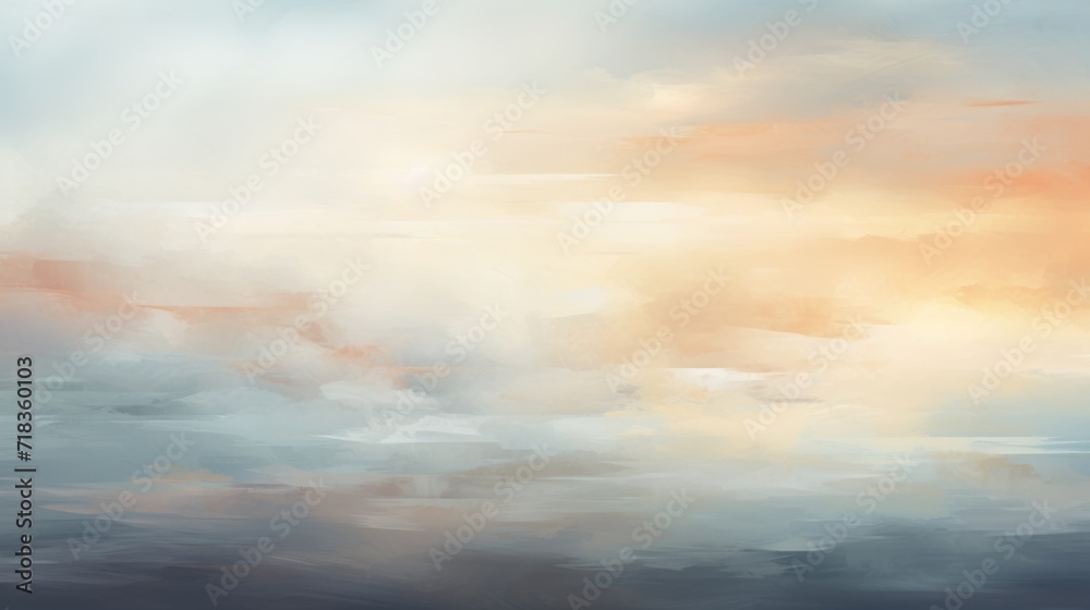 Naklejka premium a painting of a sky with clouds and a plane flying in the sky with the sun shining through the clouds.