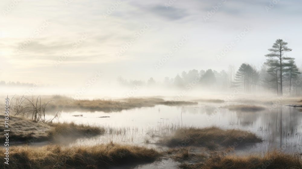 a body of water surrounded by grass and trees in a foggy area with a few ducks in the water. a body of water surrounded by grass and trees in a foggy area with a few ducks in the water.
