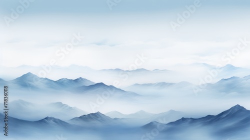  a view of a mountain range from the top of a mountain in a foggy sky with a plane in the foreground. © Anna