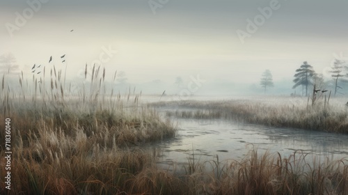  a painting of a foggy swamp with birds flying over the water and reeds in the foreground and trees in the background.
