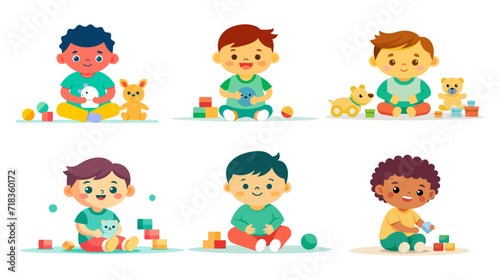 Diverse group of cartoon toddlers playing with toys and smiling