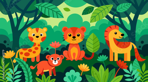 Cute safari animals in a lush green jungle vector illustration