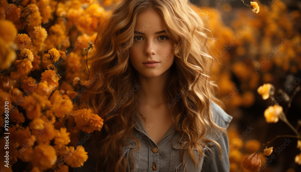 Young woman in autumn, smiling, looking at camera generated by AI Young woman in autumn, smiling, looking at camera generated by AI