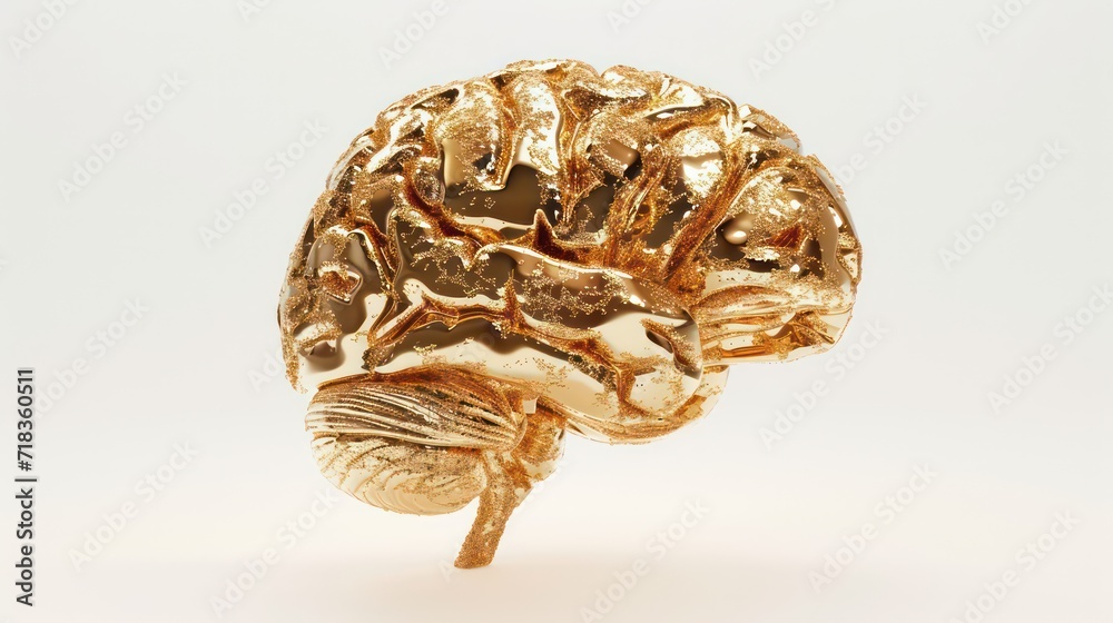 Fototapeta premium Gold brain isolated On White Background, 3D illustration.