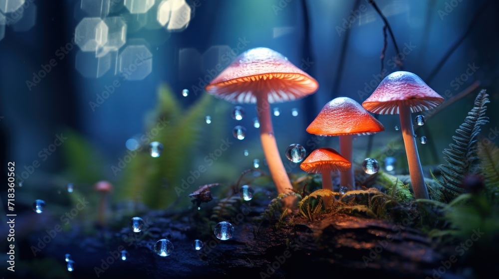 Fototapeta premium a group of mushrooms sitting on top of a forest covered in raindrops on a mossy forest floor.