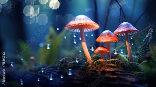  a group of mushrooms sitting on top of a forest covered in raindrops on a mossy forest floor.