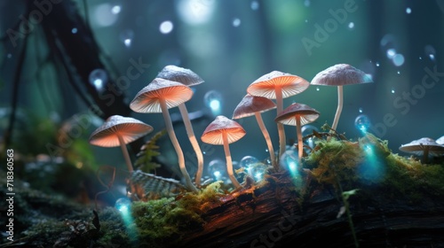  a group of mushrooms sitting on top of a moss covered forest floor next to a fallen tree in the rain.