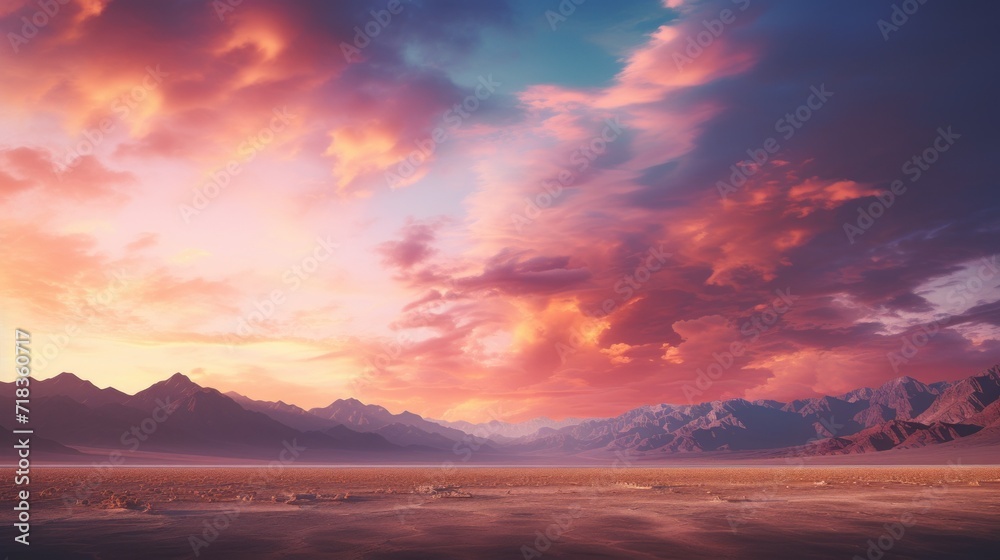  a sunset view of a mountain range with clouds in the sky and a pink and blue sky in the background.