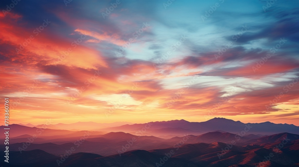  a sunset view of a mountain range with clouds in the sky and mountains in the foreground with a red and blue sky.