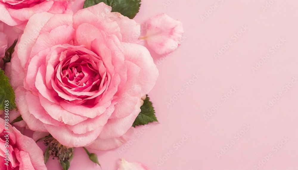 Naklejka premium Banner with pink rose flower texture. Springtime background with copyspace. 
