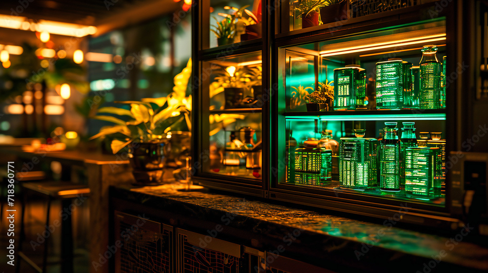 Vintage Nightlife Scene, Illuminated Retro Bar with Blurred Lights and Urban Window View