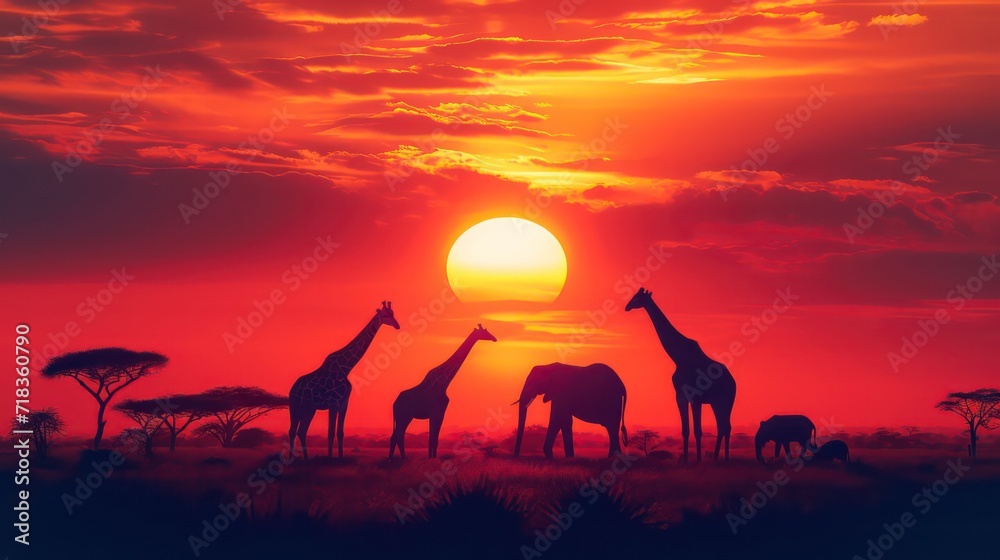 Silhouette of elephants and giraffes with sunset. Element of design.