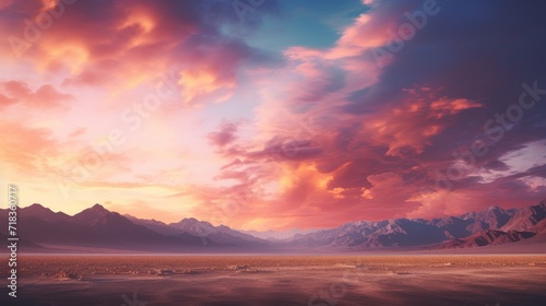  a sunset view of a mountain range with clouds in the sky and a pink and blue sky in the background.