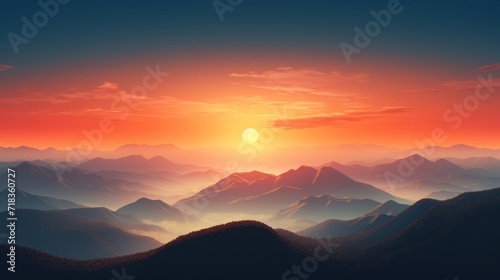  a painting of a sunset over a mountain range with a bird flying over the top of the mountain in the foreground. © Anna