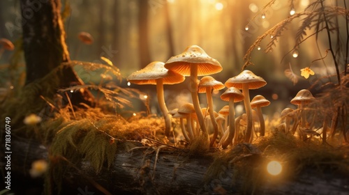  a group of mushrooms sitting on top of a moss covered forest floor in front of a bright sun shining through the trees.