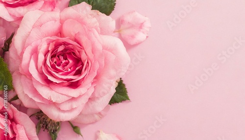 Banner with pink rose flower texture. Springtime background with copyspace.  