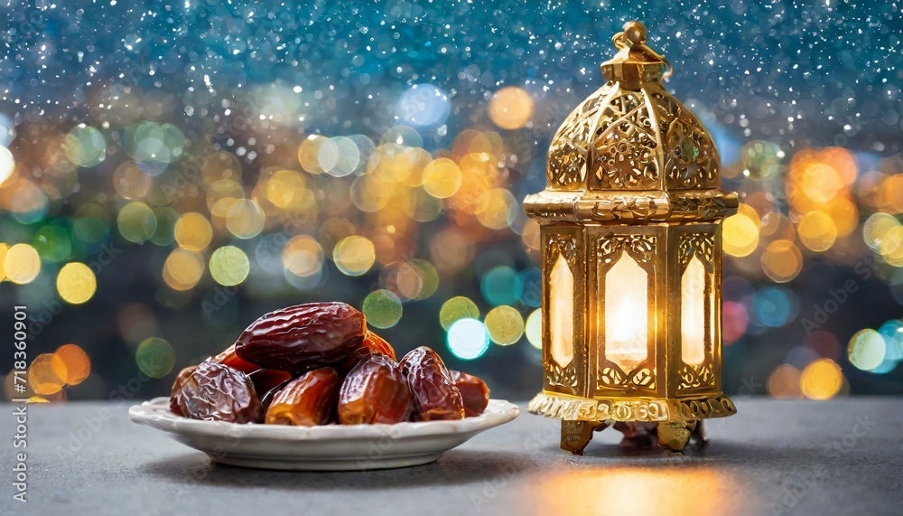 Golden lantern and small plate of dates fruits with city for the Muslim feast of the holy month of Ramadan Kareem. Night sky. Golden lantern and small plate of dates fruits with city for the Muslim feast of the holy month of Ramadan Kareem. Night sky.
