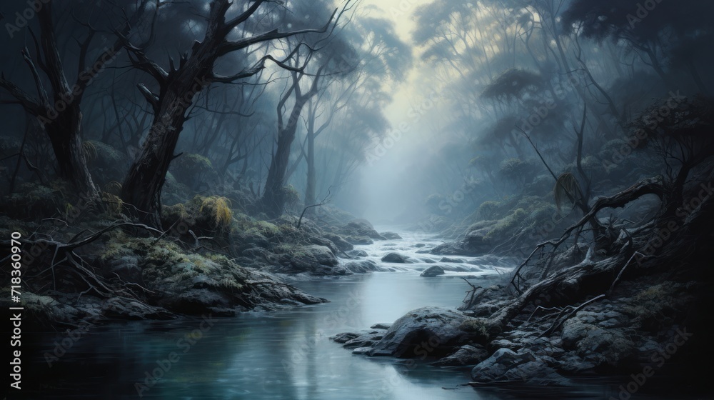  a painting of a stream running through a forest filled with lots of trees and rocks on a foggy day.