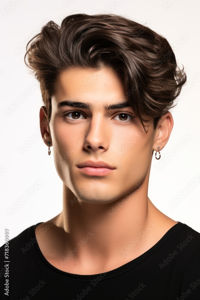 Fototapeta premium Beautiful model boy-man in a plain white studio, softly light. Suitable for diverse commercial projects