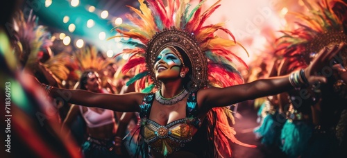 Carnival dancer in vibrant costume enjoying festival celebrations. Cultural festivity. Banner.