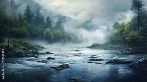  a painting of a river in the middle of a forest with rocks in the foreground and fog in the background. © Anna