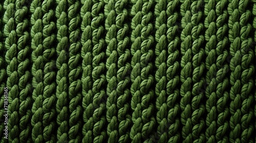  a close up of a green knitted piece of cloth with a pattern of leaves on the outside of it.