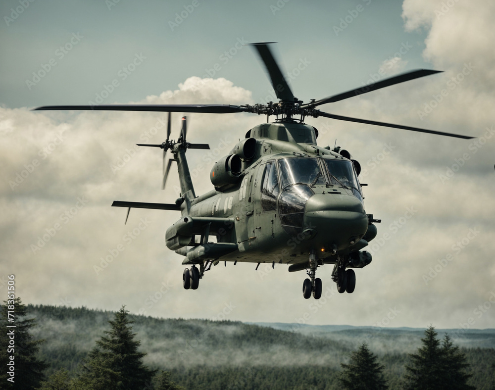 Military helicopter in the sky above the forest Military helicopter in the sky above the forest