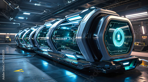 Futuristic Technology Interior, Modern Space Station Design with Blue Lighting and Abstract Architecture