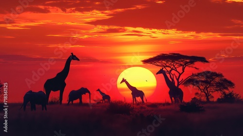 Silhouette of elephants and giraffes with sunset. Element of design.