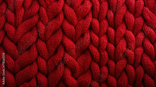  a close up view of a red knitted blanket with a large braiding pattern on the top of it. photo