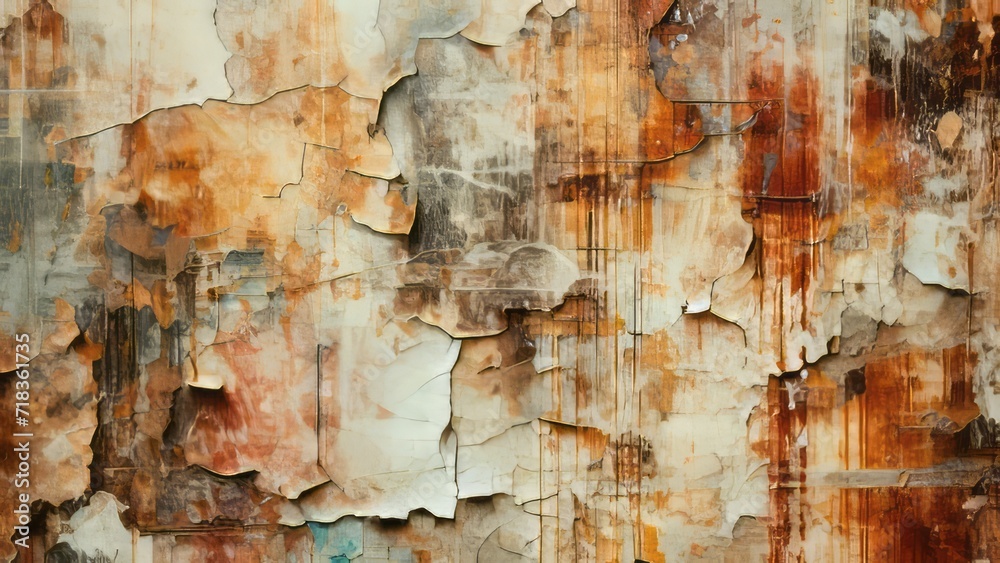 A textured abstract with a blend of blue and orange hues, giving an impression of aged beauty.
