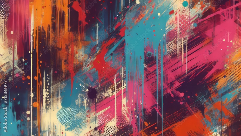 Naklejka A dynamic abstract graffiti canvas bursting with vivid colors and energetic strokes.