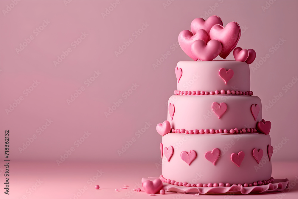 Red cake with chocolate glaze and decorated with heart sugar for St. Valentine's, Women's, Mother's Day, or Birthday on pink background. Celebration concept. Love and romantic Red cake with chocolate glaze and decorated with heart sugar for St. Valentine's, Women's, Mother's Day, or Birthday on pink background. Celebration concept. Love and romantic