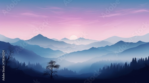  a view of a mountain range with trees and mountains in the distance with a pink and blue sky in the background.