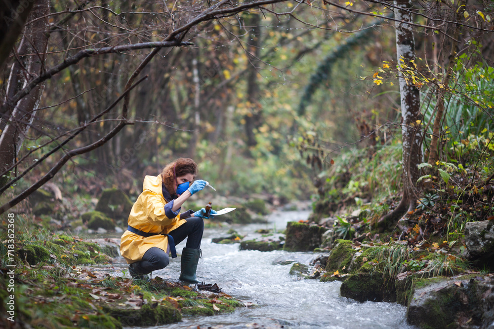 Intrepid Female Biologist Measuring PH Value of Water on Field Directly in Water Stream Intrepid Female Biologist Measuring PH Value of Water on Field Directly in Water Stream